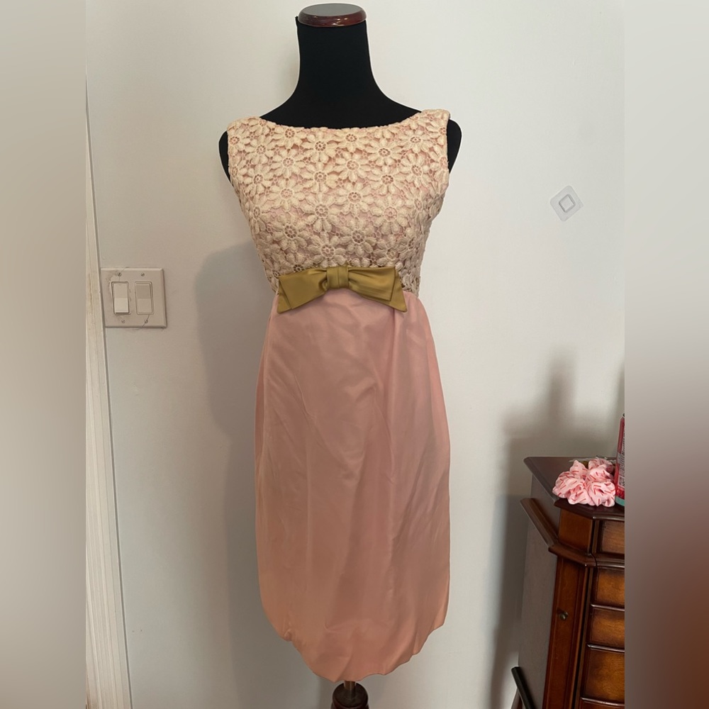 Vintage Harry Keiser 60’s cream, chartreuse, and pink dress, size 4.